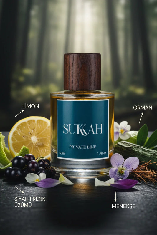 Sukkah Private Line perfume with lemon, black currant, violet, and cedar notes in forest setting