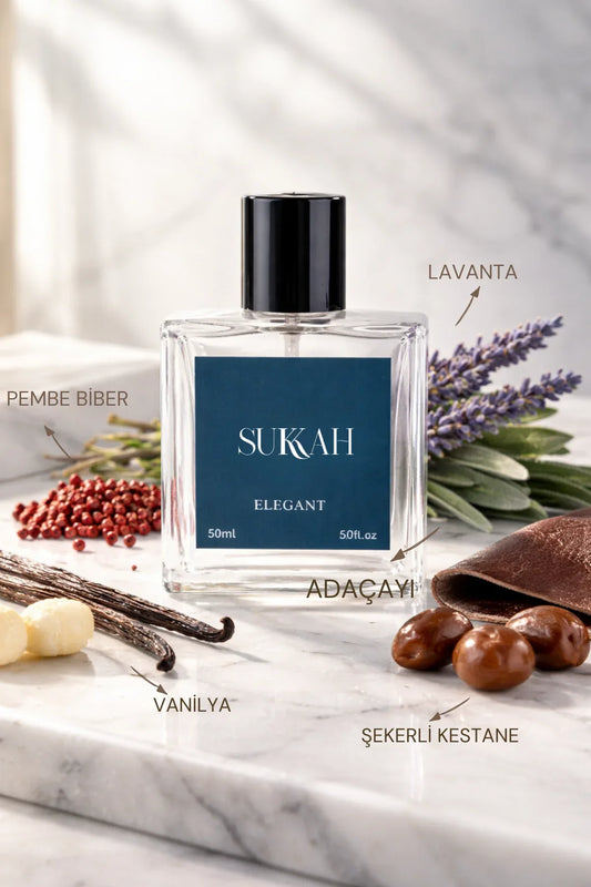 Sukkah Elegant 50ml perfume with lavender, vanilla, and chestnut notes on marble